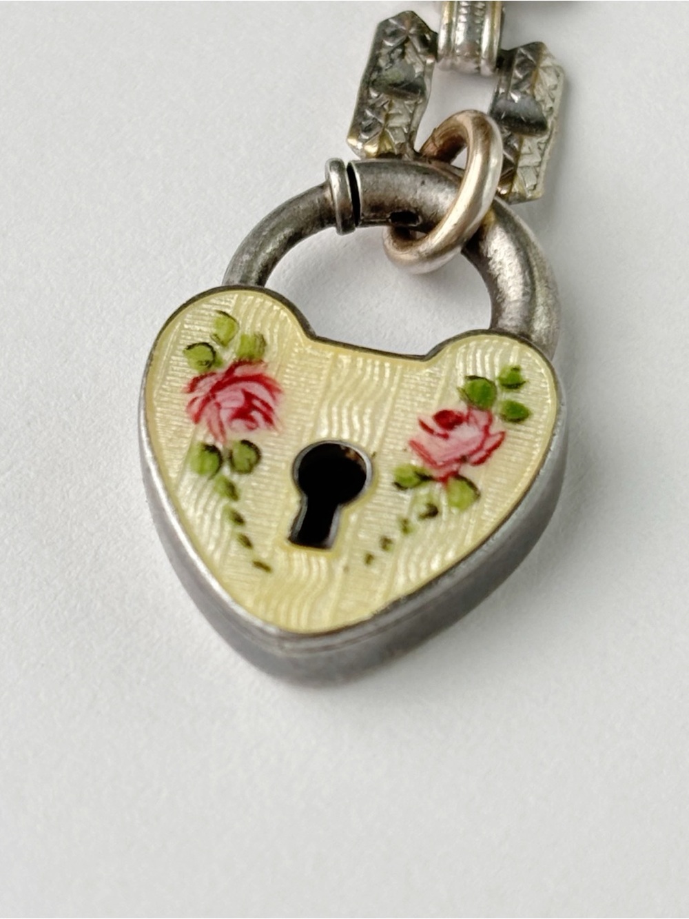 Vintage Art Deco Sterling Silver Heart Padlock Bracelet Guilloche Enamel c. 1930